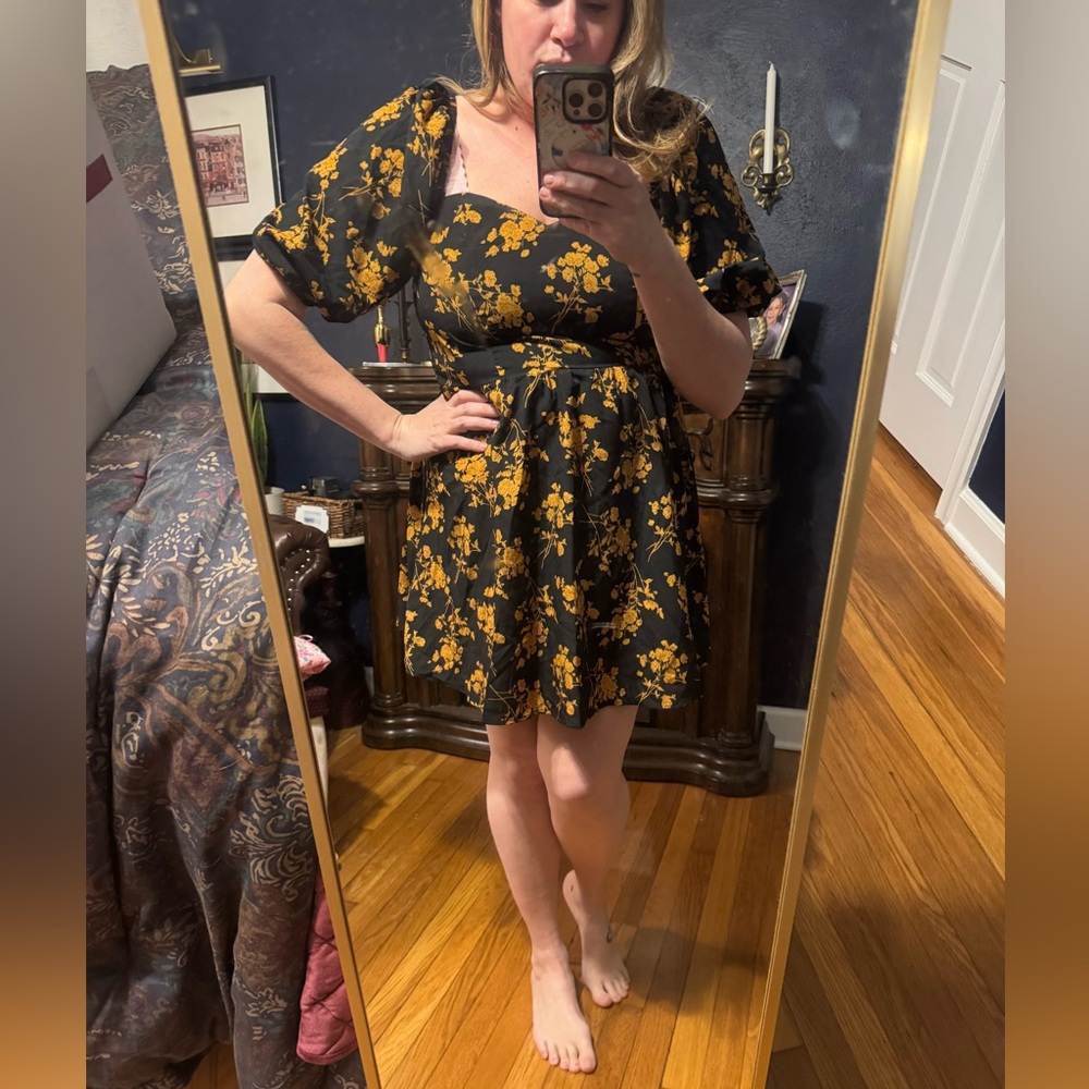SHEIN Black Mini Dress with Yellow Floral Print